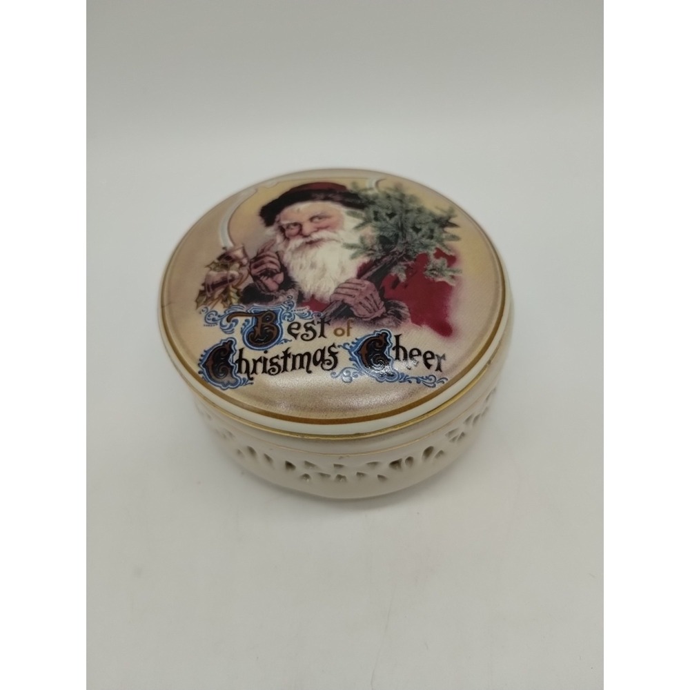 Vintage Trinket box Santa  Best of Christmas Cheer Ceramic Nostalgic 3.5" X 1.5"
